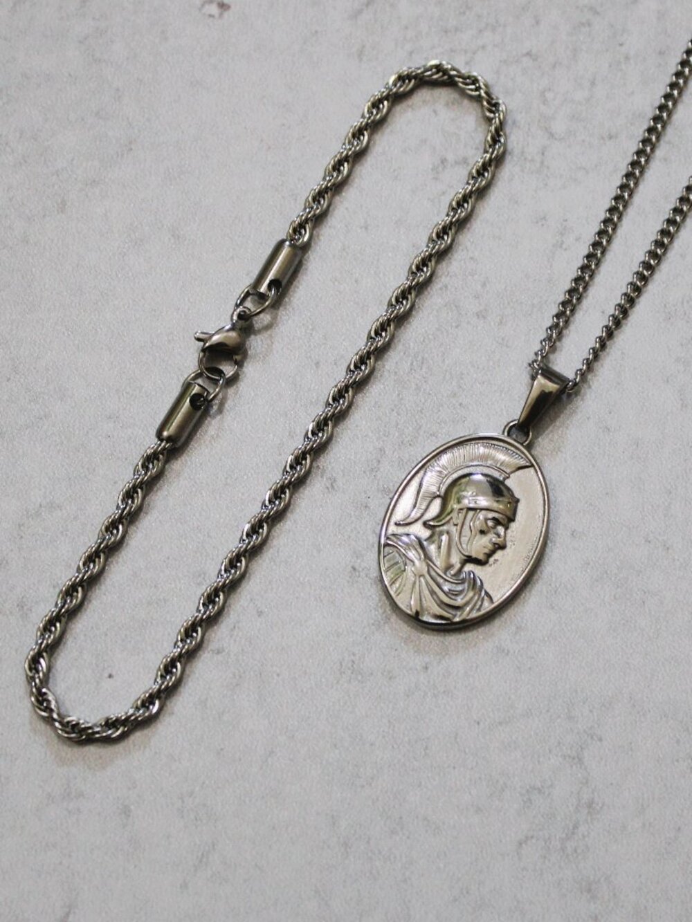 Silver Centurion Pendant Necklace + 3mm Rope Bracelet Set